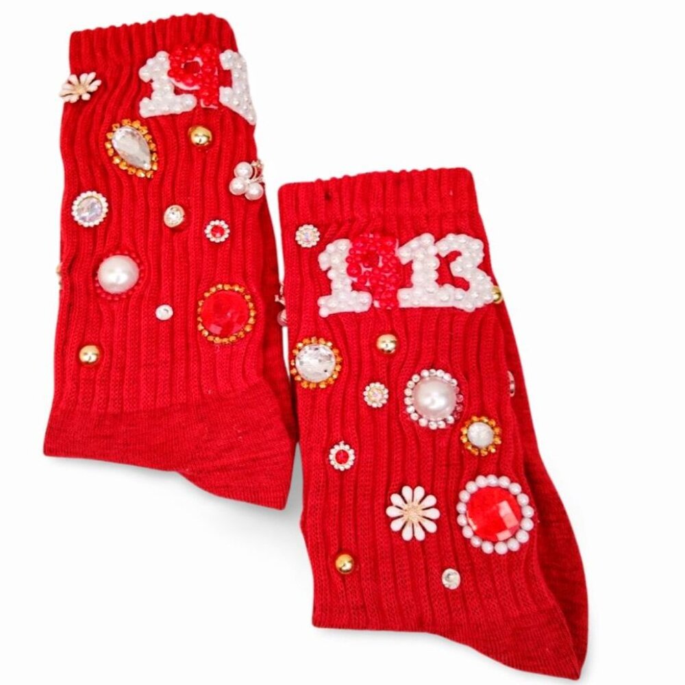 Heirloom Glam Crystal & Pearl Embellished Red Junk Charm Slouch Socks TT1515